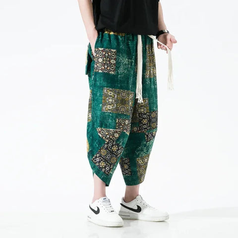 Men's Summer Beach Pants - Thin Print Wide-Leg Ethnic Harem Trousers - Himpall