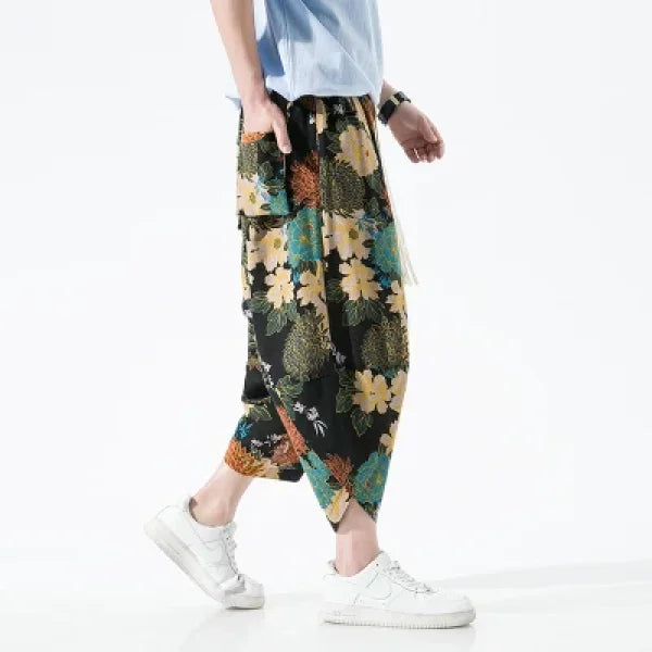 Men's Summer Beach Pants - Thin Print Wide-Leg Ethnic Harem Trousers - Himpall