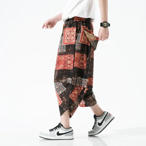 Men's Summer Beach Pants - Thin Print Wide-Leg Ethnic Harem Trousers - Himpall