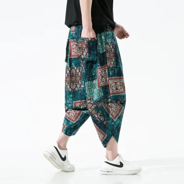 Men's Summer Beach Pants - Thin Print Wide-Leg Ethnic Harem Trousers - Himpall