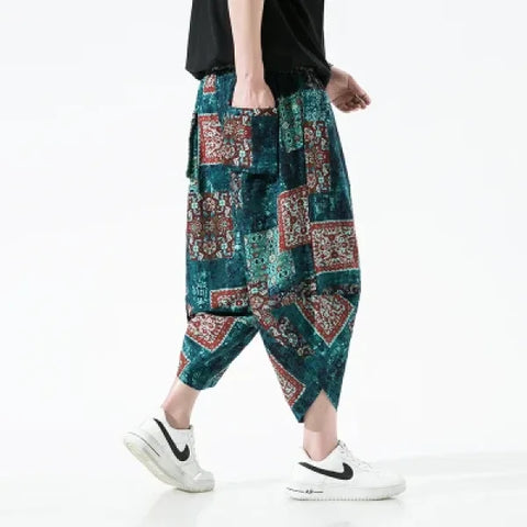 Men's Summer Beach Pants - Thin Print Wide-Leg Ethnic Harem Trousers - Himpall