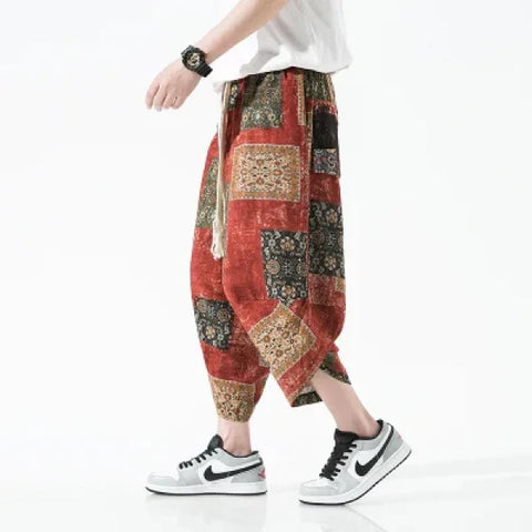 Men's Summer Beach Pants - Thin Print Wide-Leg Ethnic Harem Trousers - Himpall