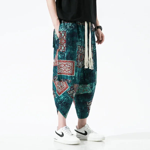 Men's Summer Beach Pants - Thin Print Wide-Leg Ethnic Harem Trousers - Himpall