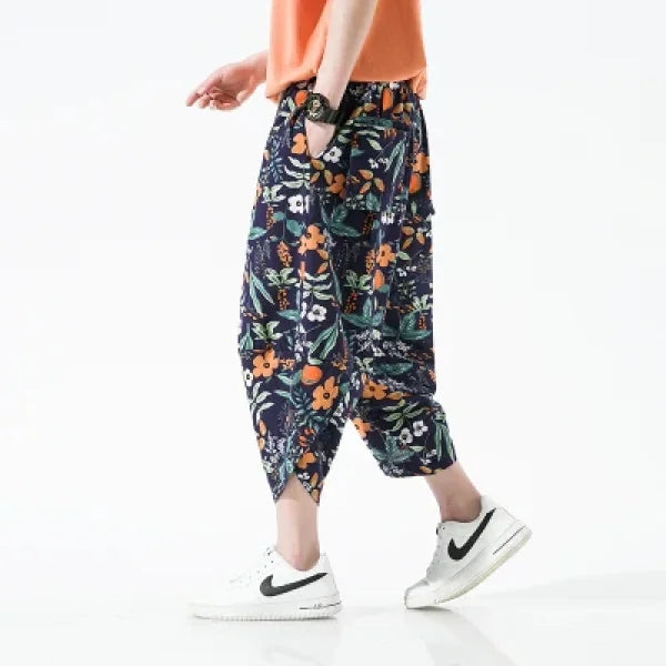 Men's Summer Beach Pants - Thin Print Wide-Leg Ethnic Harem Trousers - Himpall