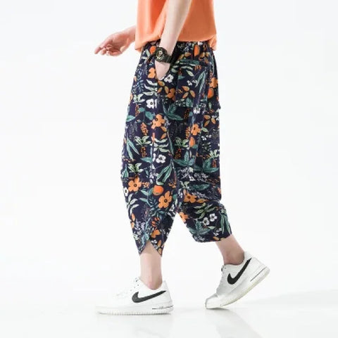Men's Summer Beach Pants - Thin Print Wide-Leg Ethnic Harem Trousers - Himpall