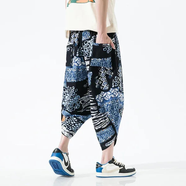 Men's Summer Beach Pants - Thin Print Wide-Leg Ethnic Harem Trousers - Himpall