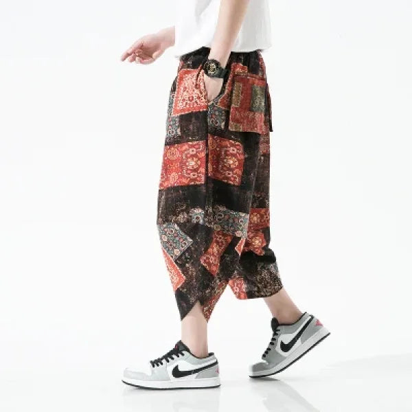 Men's Summer Beach Pants - Thin Print Wide-Leg Ethnic Harem Trousers - Himpall