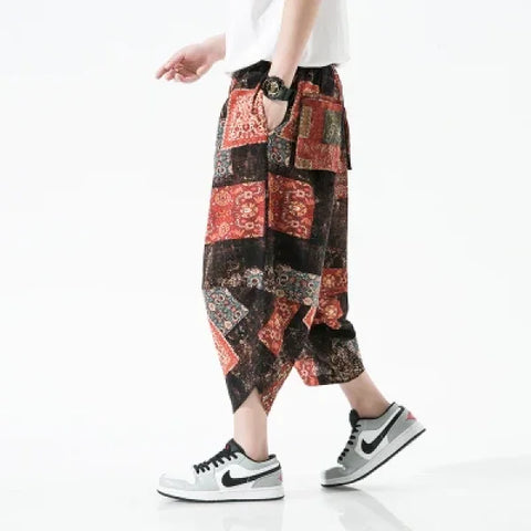 Men's Summer Beach Pants - Thin Print Wide-Leg Ethnic Harem Trousers - Himpall