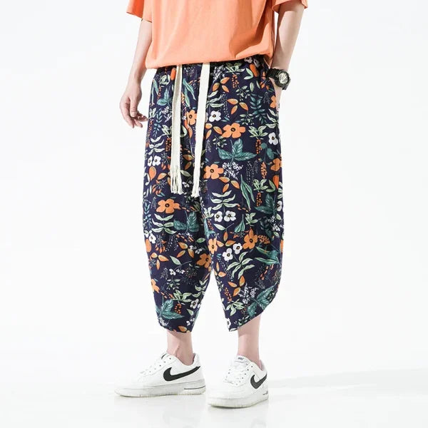 Men's Summer Beach Pants - Thin Print Wide-Leg Ethnic Harem Trousers - Himpall