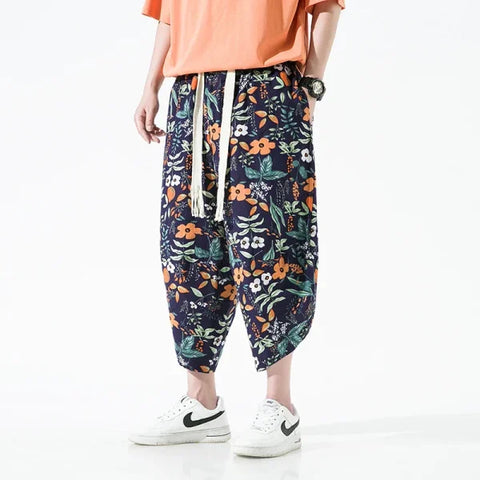 Men's Summer Beach Pants - Thin Print Wide-Leg Ethnic Harem Trousers - Himpall