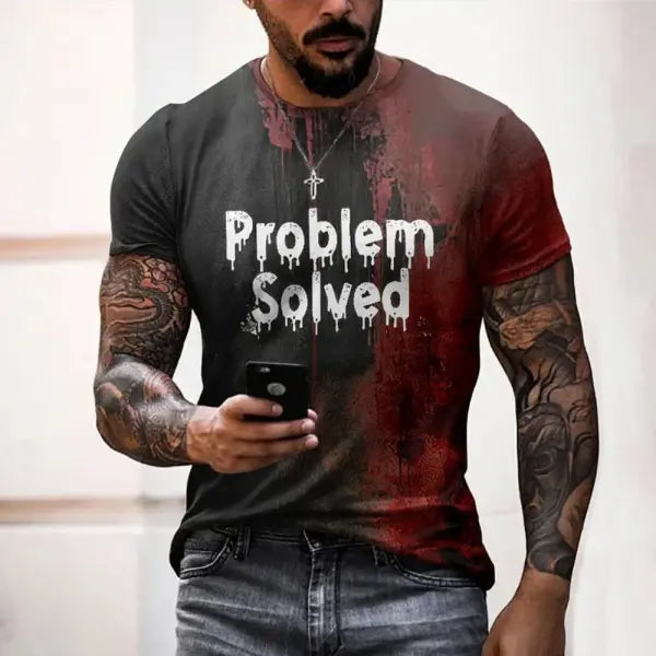 Men’s ’Problem Solved’ Bloody Graphic Tee - Horror Halloween Streetwear - Oversized Spooky Season Short Sleeve Top
