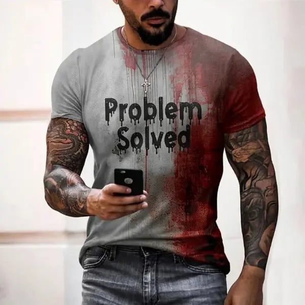 Men’s ’Problem Solved’ Bloody Graphic Tee - Horror Halloween Streetwear - Oversized Spooky Season Short Sleeve Top