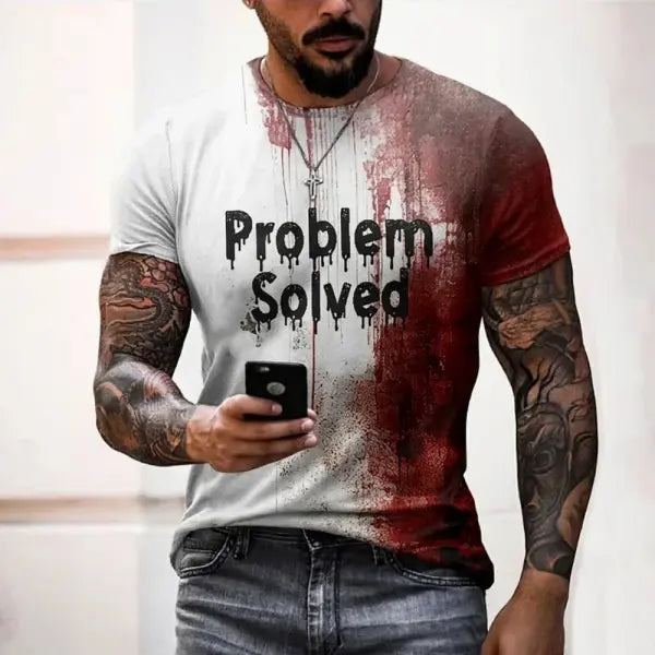 Men’s ’Problem Solved’ Bloody Graphic Tee - Horror Halloween Streetwear - Oversized Spooky Season Short Sleeve Top
