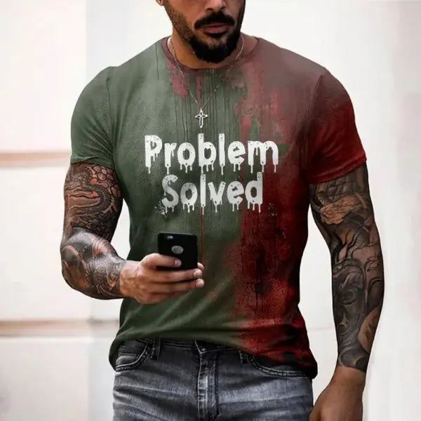 Men’s ’Problem Solved’ Bloody Graphic Tee - Horror Halloween Streetwear - Oversized Spooky Season Short Sleeve Top