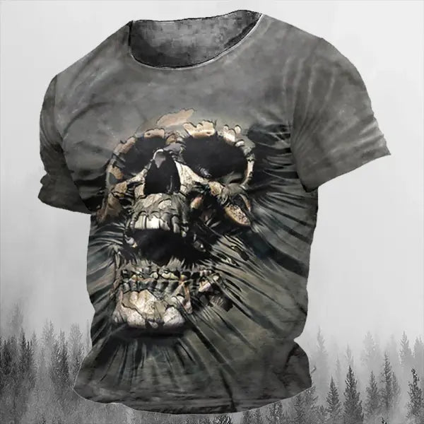 Men’s 3D Vintage Horror Skull Tee - Retro Rock & Hip Hop Streetwear - Oversized Punk Style Short Sleeve Top