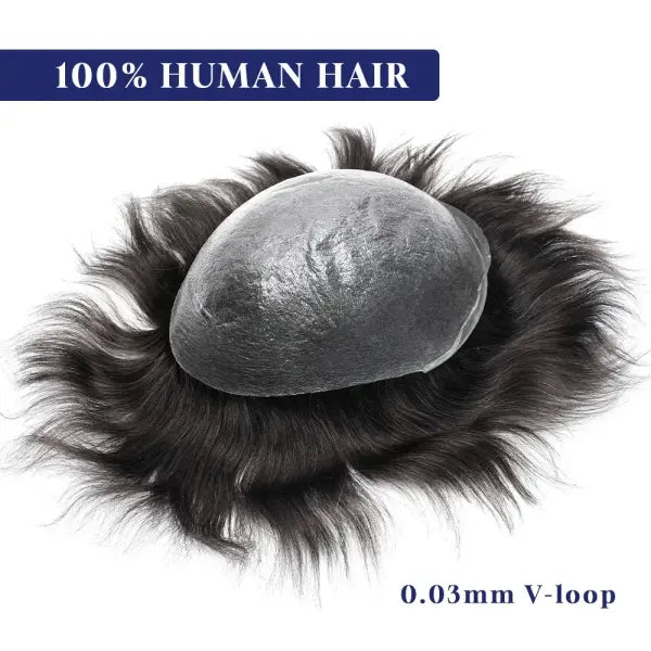 Mens Toupee Human Hair Piece Thin Skin V Loop Natural Hairline