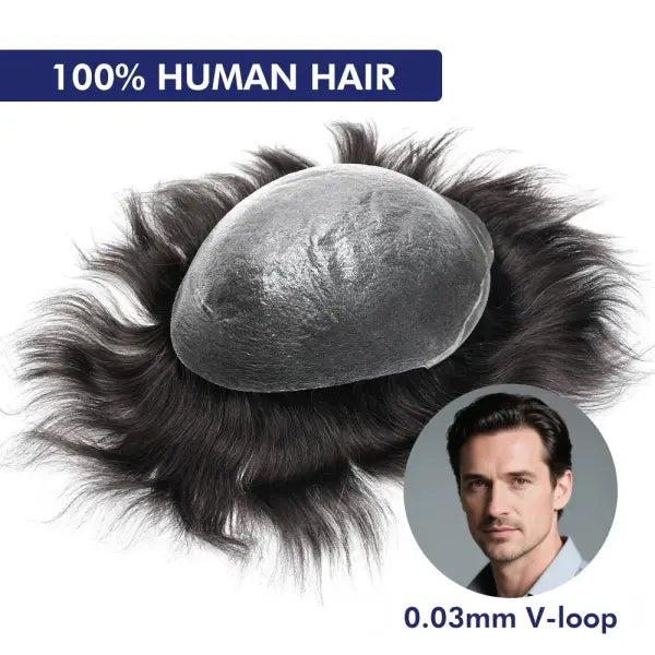 Mens Toupee Human Hair Piece Thin Skin V Loop Natural Hairline