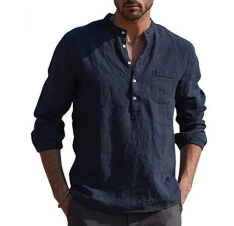 Men Vintage White Shirt Button Linen Shirts - Navy Blue / 2XL