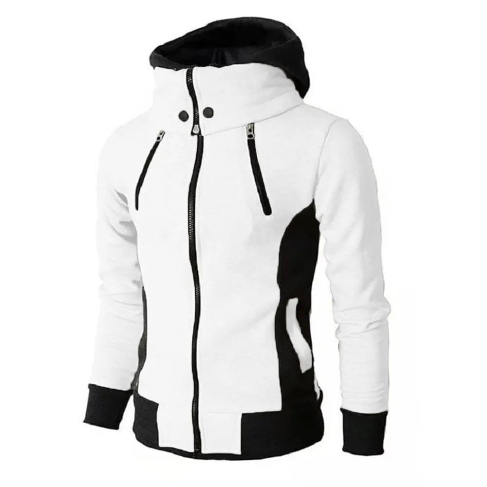 Men’s Zip Up Hooded Jacket - Fake Two Piece Sports Slim Sweatshirt - White / L