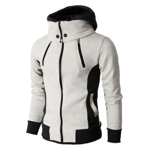 Men’s Zip Up Hooded Jacket - Fake Two Piece Sports Slim Sweatshirt - Beige white / L