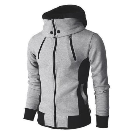 Men’s Zip Up Hooded Jacket - Fake Two Piece Sports Slim Sweatshirt - Light grey / L