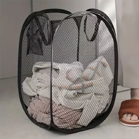 Mesh Pop-up Laundry Basket – Foldable Large Capacity Clothes Storage - Black