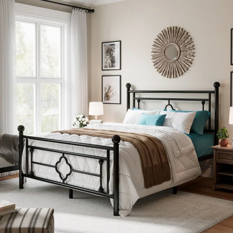Metal Platform Bed Frame - Vintage Victorian Style with Wrought Iron Headboard & Footboard