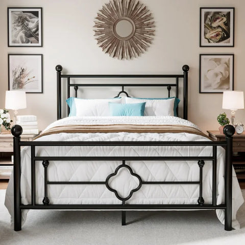 Metal Platform Bed Frame - Vintage Victorian Style with Wrought Iron Headboard & Footboard - Black / King / United