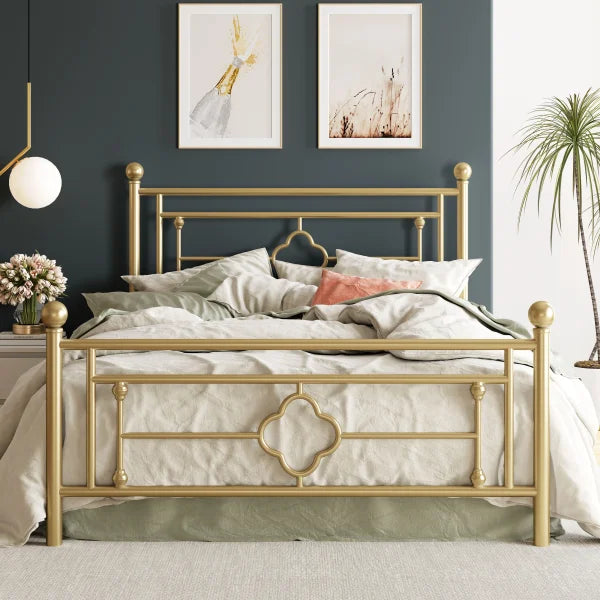 Metal Platform Bed Frame - Vintage Victorian Style with Wrought Iron Headboard & Footboard - Gold / King / United States