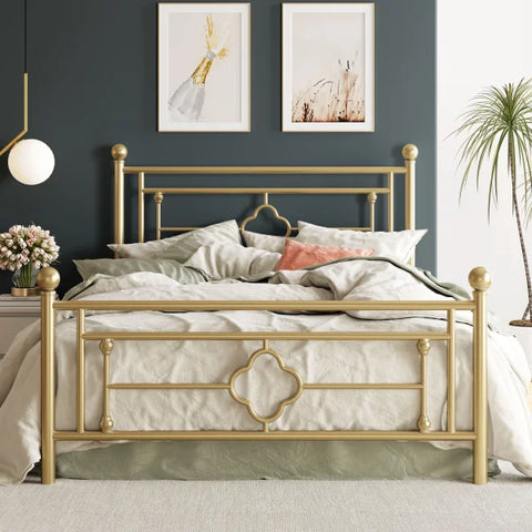 Metal Platform Bed Frame - Vintage Victorian Style with Wrought Iron Headboard & Footboard - Gold / King / United States