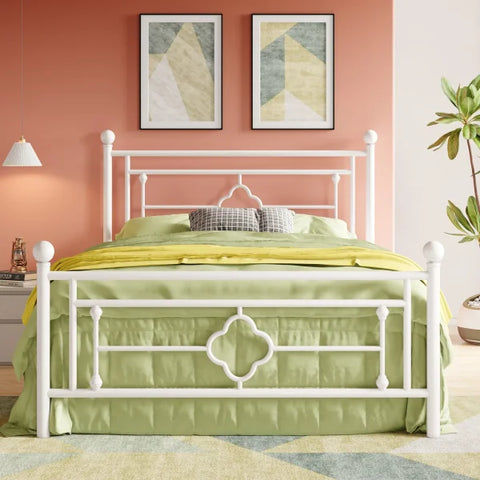 Metal Platform Bed Frame - Vintage Victorian Style with Wrought Iron Headboard & Footboard - White / Twin / United