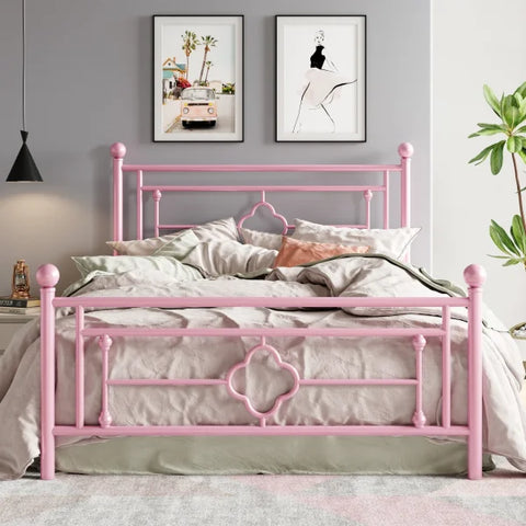 Metal Platform Bed Frame - Vintage Victorian Style with Wrought Iron Headboard & Footboard - Pink / King / United States