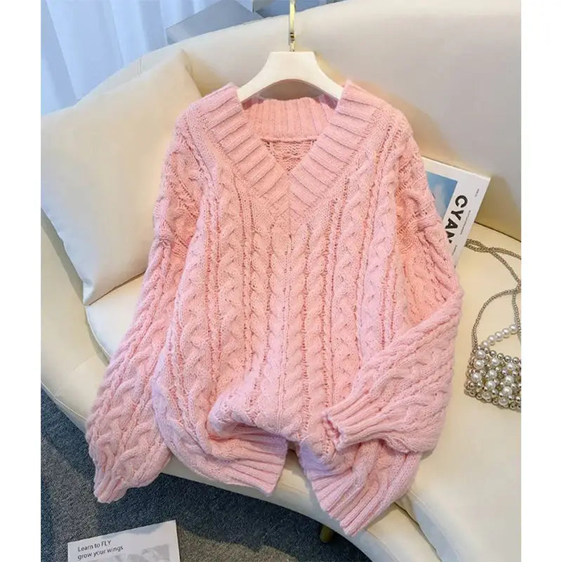 MEXZT Harajuku Sweater Women Fashion Oversized Pink V Neck Knitted Pullovers Korean Long Sleeve Knitwear Winter Casual