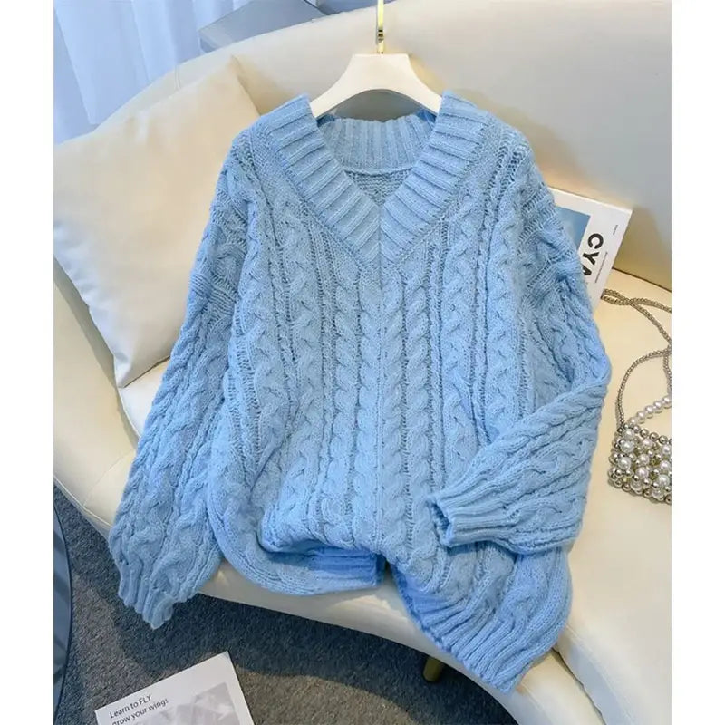 MEXZT Harajuku Sweater Women Fashion Oversized Pink V Neck Knitted Pullovers Korean Long Sleeve Knitwear Winter Casual