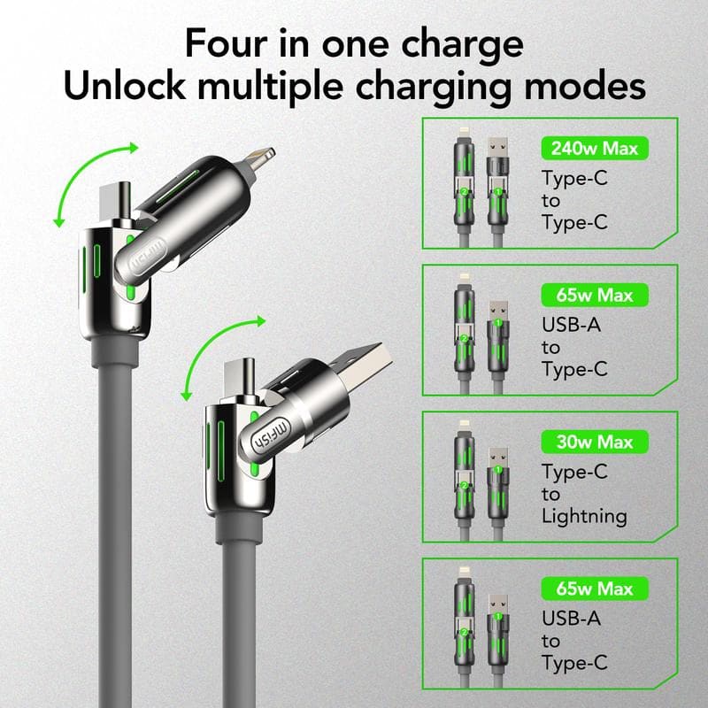  Mfish 4-In-1 Universal USB Charging Cable - 240W Fast Charger for iPhone, iPad, Samsung Galaxy