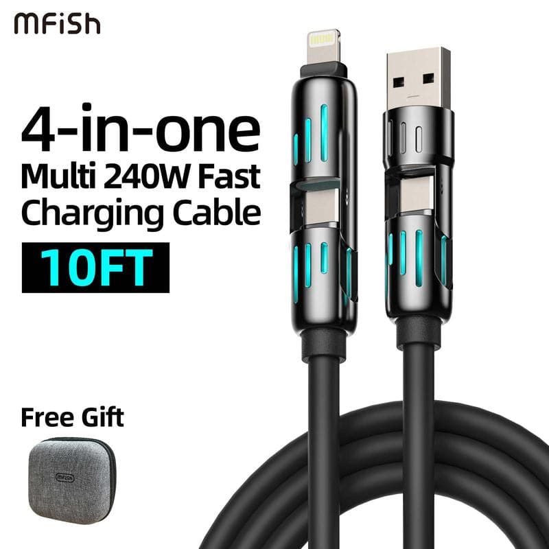  Mfish 4-In-1 Universal USB Charging Cable - 240W Fast Charger for iPhone, iPad, Samsung Galaxy