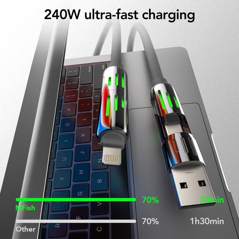  Mfish 4-In-1 Universal USB Charging Cable - 240W Fast Charger for iPhone, iPad, Samsung Galaxy