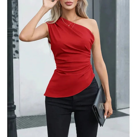 Mia Muse Women’s Sexy One-Shoulder Sleeveless Vest – Party Top - Red / XS