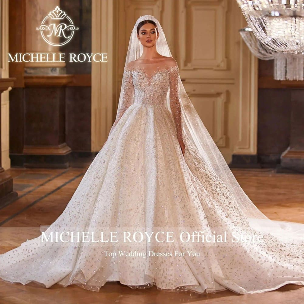 Michelle Royce Luxury Wedding Dress: Shimmering Beading Princess Silhouette Backless - custom color / 150cm / 14