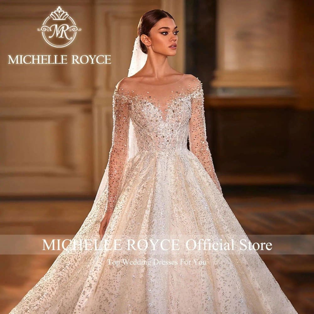 Michelle Royce Luxury Wedding Dress: Shimmering Beading Princess Silhouette Backless