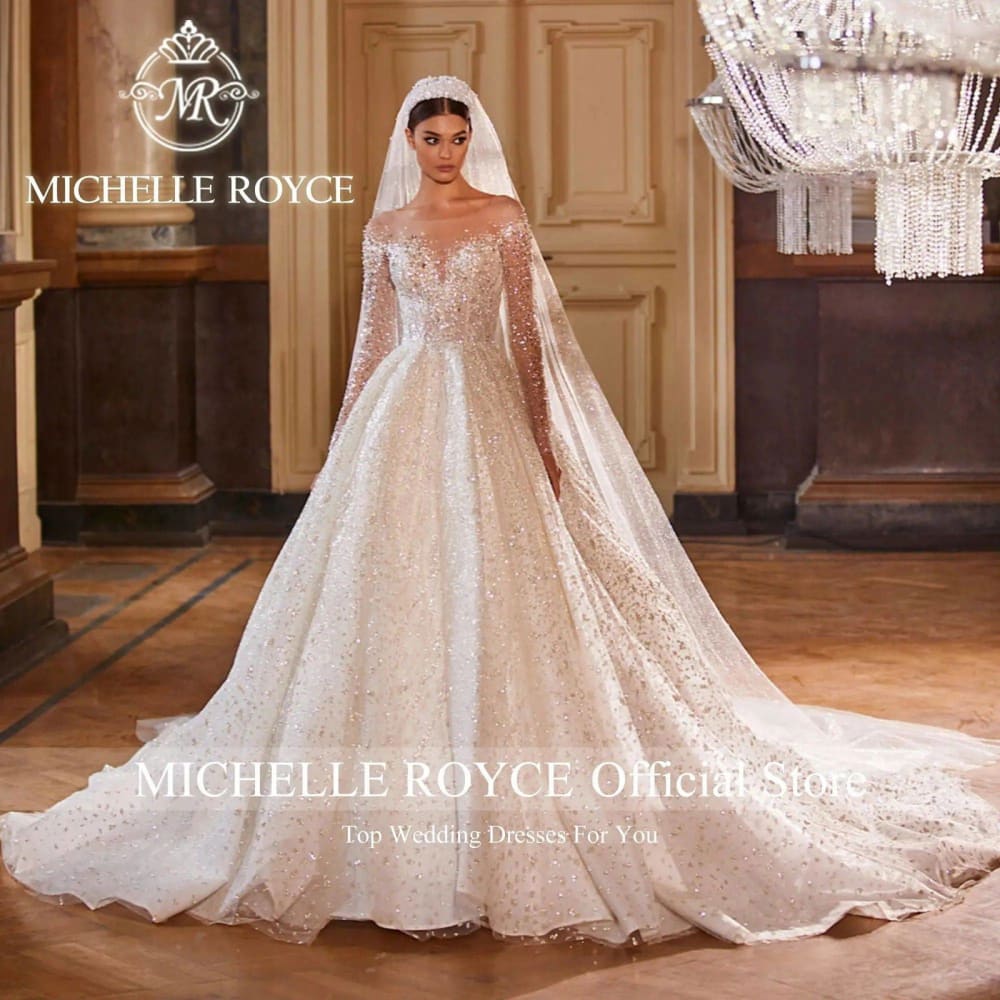 Michelle Royce Luxury Wedding Dress: Shimmering Beading Princess Silhouette Backless