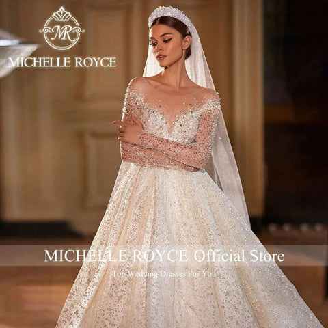 Michelle Royce Luxury Wedding Dress: Shimmering Beading Princess Silhouette Backless