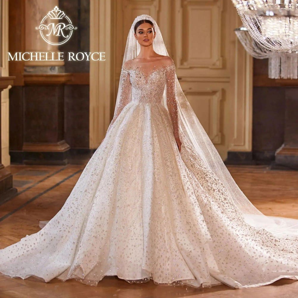 Michelle Royce Luxury Wedding Dress: Shimmering Beading Princess Silhouette Backless