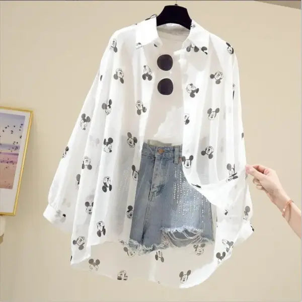 Mickey Mouse Blouse Ladies Long Sleeve Women Shirt Beach Shirts Kawaii Cartoon Summer Disney Clothes Cover-Up Top