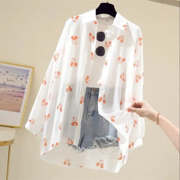 Mickey Mouse Blouse Ladies Long Sleeve Women Shirt Beach Shirts Kawaii Cartoon Summer Disney Clothes Cover-Up Top