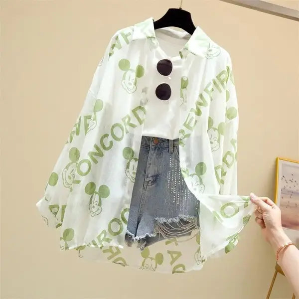 Women’s Mickey Mouse Oversized Button-Down Shirt - Disney Kawaii Long Sleeve Beach Cover-Up & Casual Blouse - Green2 / S