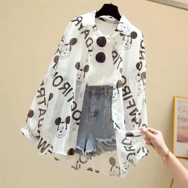 Mickey Mouse Blouse Ladies Long Sleeve Women Shirt Beach Shirts Kawaii Cartoon Summer Disney Clothes Cover-Up Top