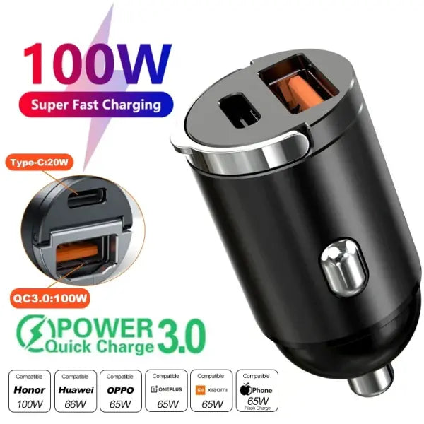 Mini 100W PD QC Pull Ring Fast Charging Car Charger USB C Car Phone Charger Adapter For iPhone 13 12 Xiaomi Samsung