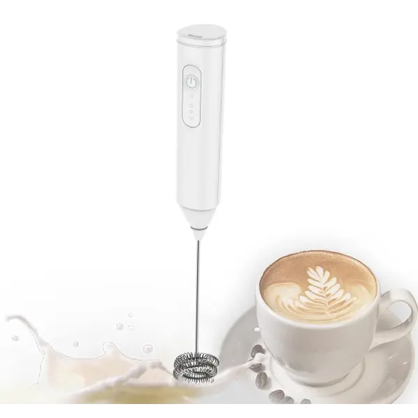 MINI Milk Frother USB Rechargeable 3 Speeds Foam Maker Coffee Whisk Mixer Electric Handle Blender Egg Beater - WHITE