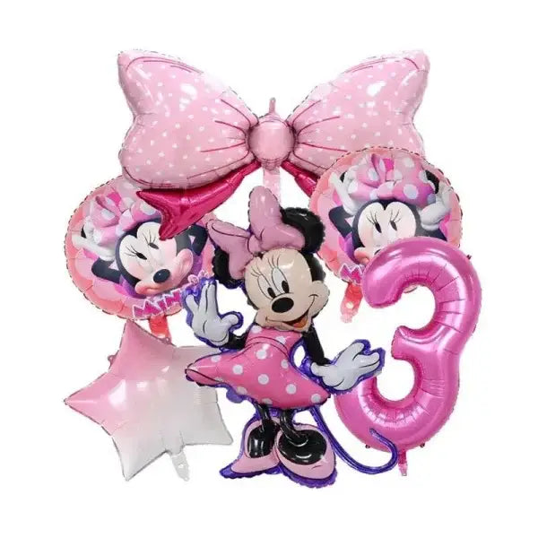 Pink Minnie Mouse balloon bouquet with bow, number 3 for Disney birthday parties